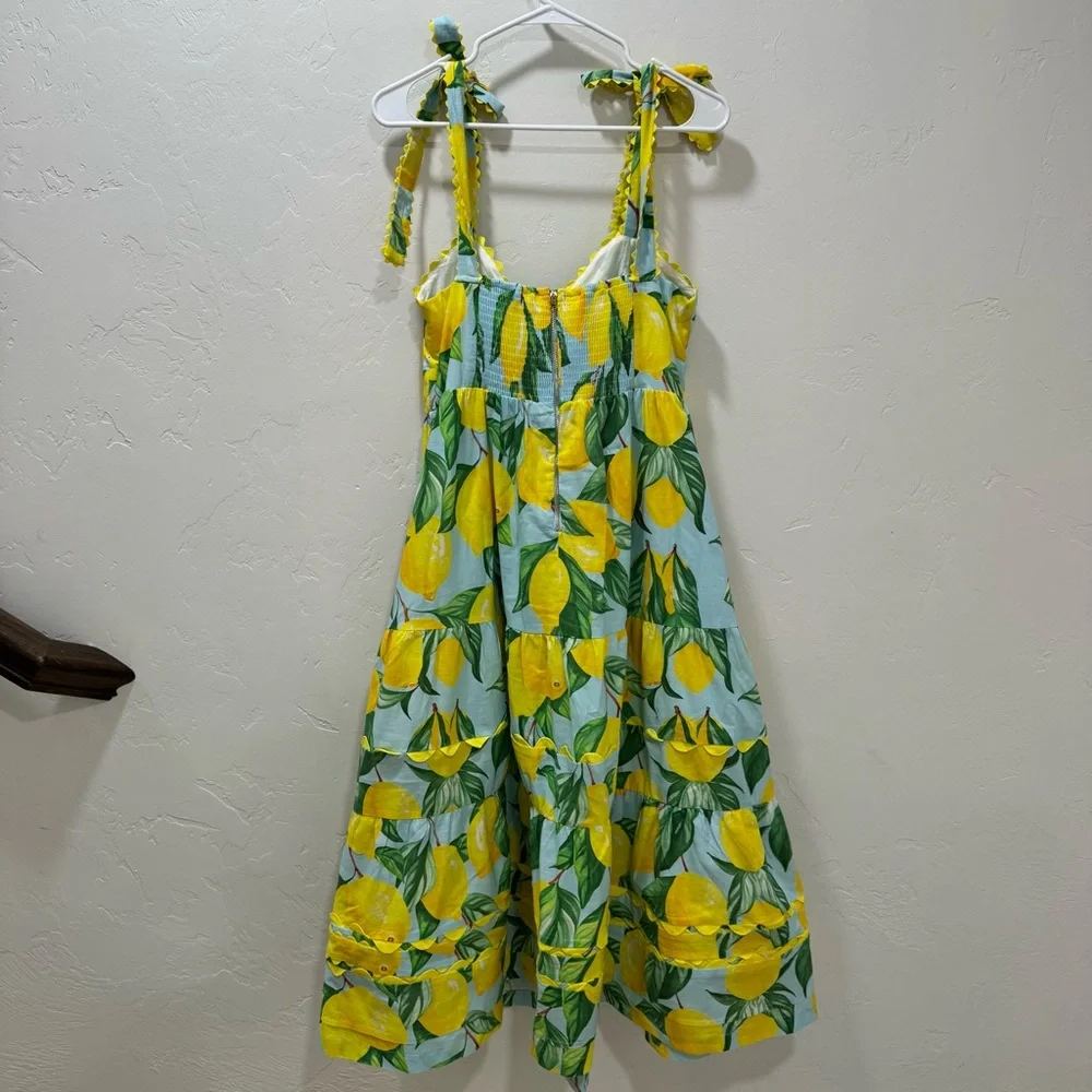 EUC Prosperina Caterina Blue Lemon Print Linen Cotton Midi Dress Women's Large - Picture 7 of 15